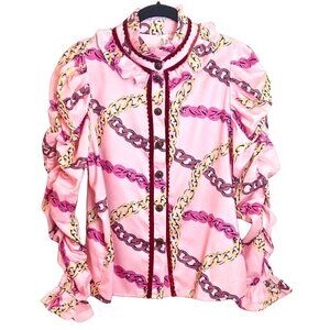 LA'ROS COLLECTIONS RUFFLED PINK & BURGUNDY RUCHED SLEEVE BLOUSE - SIZE S